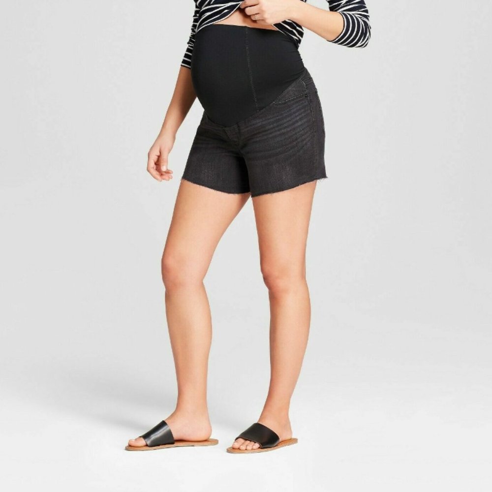 NWT Isabel Maternity Crossover Panel Midi Jean Shorts, Black, Size 14